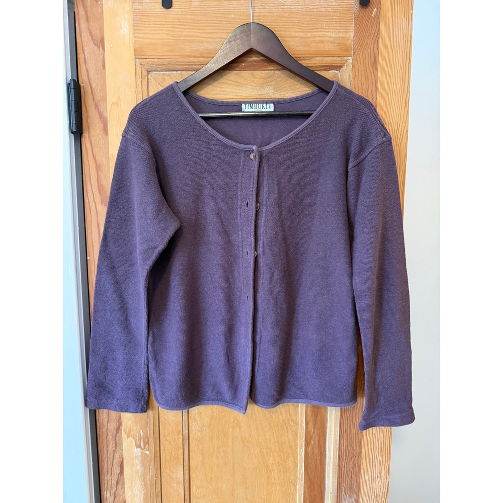 Timbuktu Station Purple Knit Button Front Cardigan Terry Cotton Womens L Vintage